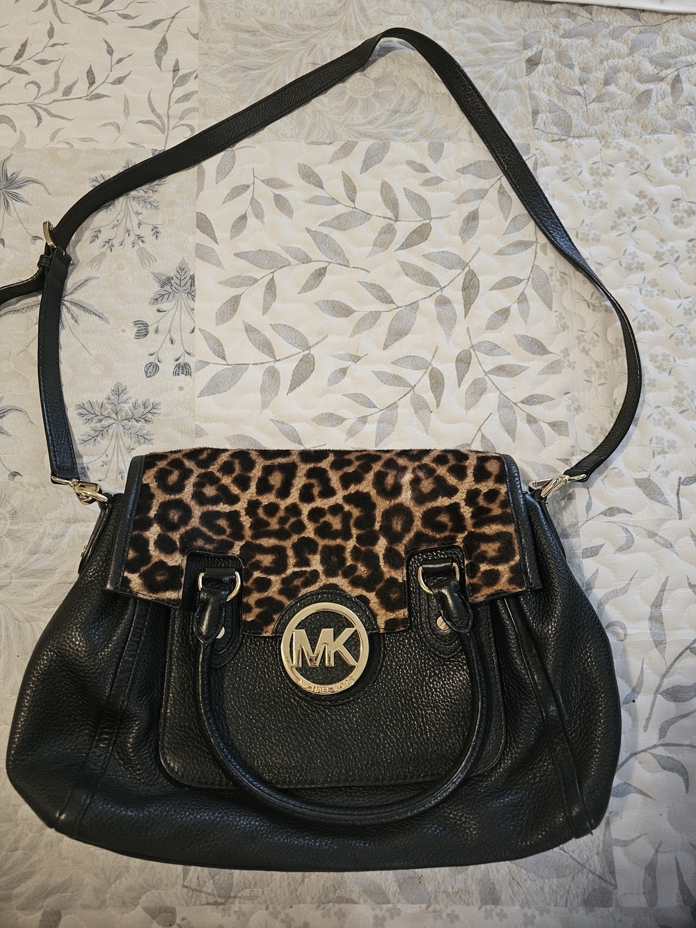 Michael Kors Black Leather Shoulder Bag with Leopard Flap